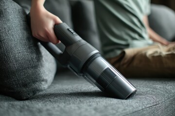 Fototapeta premium Person using handheld vacuum cleaner on sofa for cleaning.