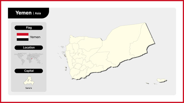 Vector illustration map of Yemen. Includes national flag, location, and capital information.