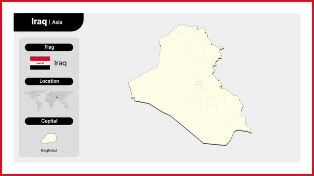 Vector illustration map of Iraq. Includes national flag, location, and capital information.