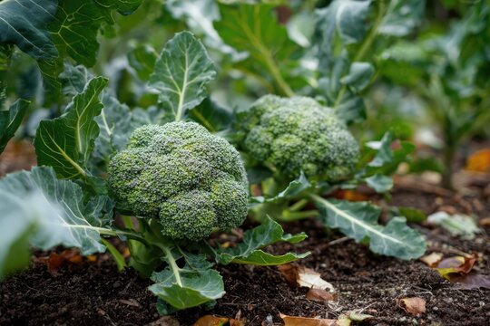 Fresh broccoli growing in a garden, ready for harvest.