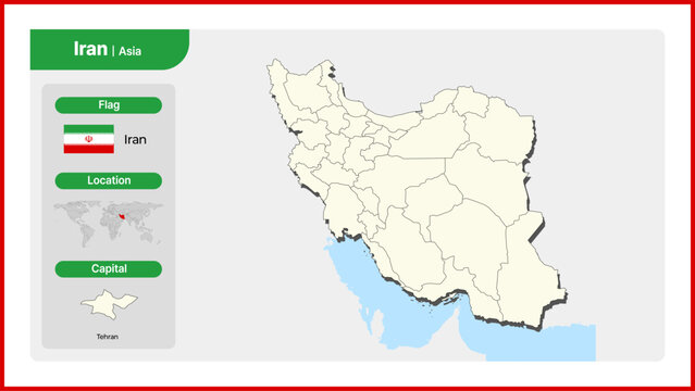Vector illustration map of Iran. Includes national flag, location, and capital information.