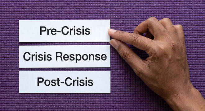 Hand holding three-stage crisis management model framework.