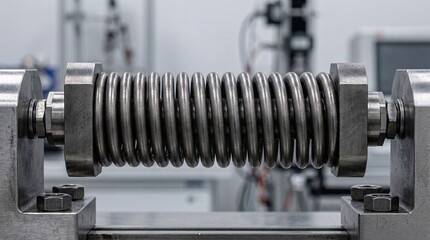 Naklejka premium Detailed shot of a tightly wound titanium spring under extreme compression, visualizing pent-up market demand and powerful economic energy.