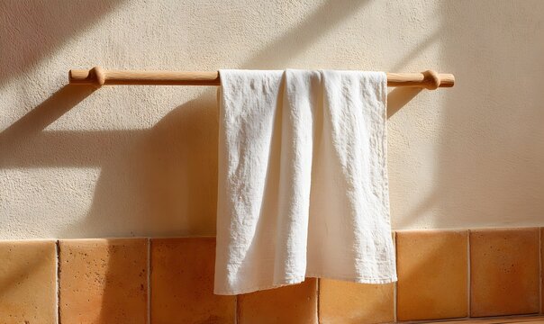 white cotton plain blank tea towel hanging on a wooden oven handle in a bright Mediterranean kitchen