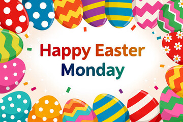 Obraz premium Colorful decorated Easter eggs surrounding Happy Easter Monday text, festive holiday greeting card design background
