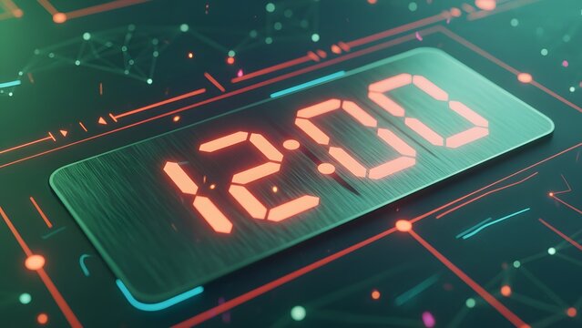 Digital clock display showing 12 00 on a futuristic circuit board background