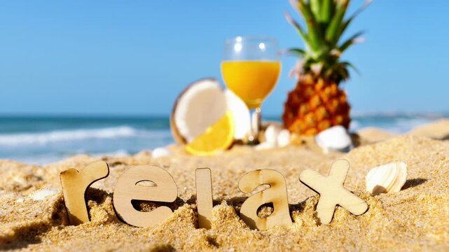 "Relax" wooden letters on a sunny beach with tropical fruits, coconut and orange juice.