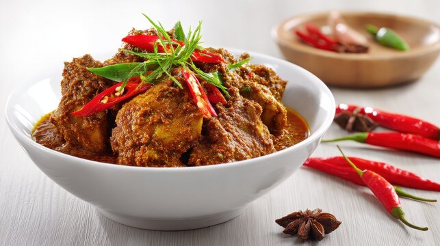 Spicy Chicken Rendang in White Bowl Garnished with Red Chili Peppers and Green Herbs Close Up Studio Shot