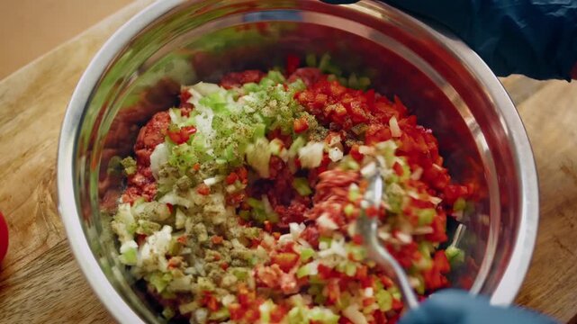 Top view of minced meat being mixed with vegetables and seasonings