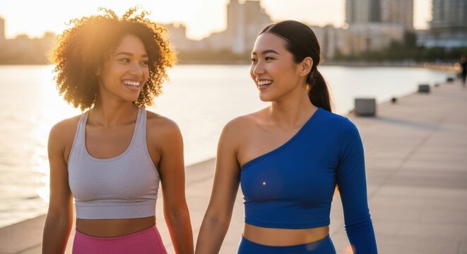 Two happy young women in sportswear walking together and talking along a sunny waterfront promenade