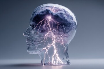 Obraz premium Conceptual Transparent Glass Head with Purple Storm and Lightning Symbolizing Mental Health and Migraine