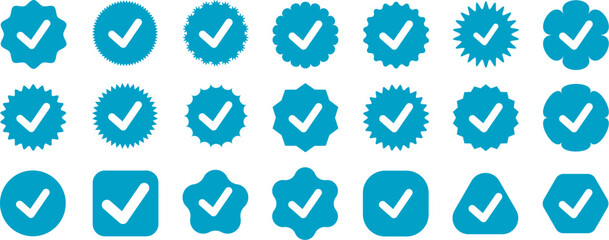 Blue check mark collection, set of vector white tick icons inside various circles and hexagons, verification © Satou Akira
