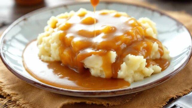 A plate of mashed potatoes topped with rich gravy.