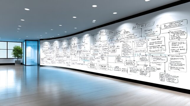 Strategic Vision: A modern, minimalist interior features a curved wall adorned with intricate diagrams, maps and flowcharts. The space offers a clean canvas for strategic planning.