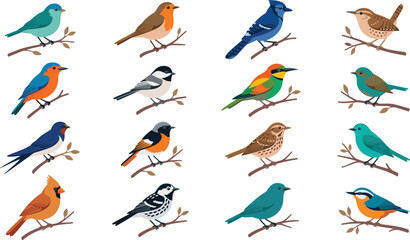 Flat Vector Garden Bird Icon Set Featuring Robin Blue Jay Sparrow Cardinal Chickadee and Swallow Perched on Branches for Nature and Wildlife Designs © MdSohanurRahman