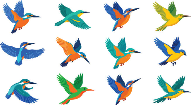 Set of Colorful Flat Vector Kingfisher Bird Icons Featuring Vibrant Flying Blue and Orange Common Kingfishers for Nature and Wildlife Conservation Graphic Designs