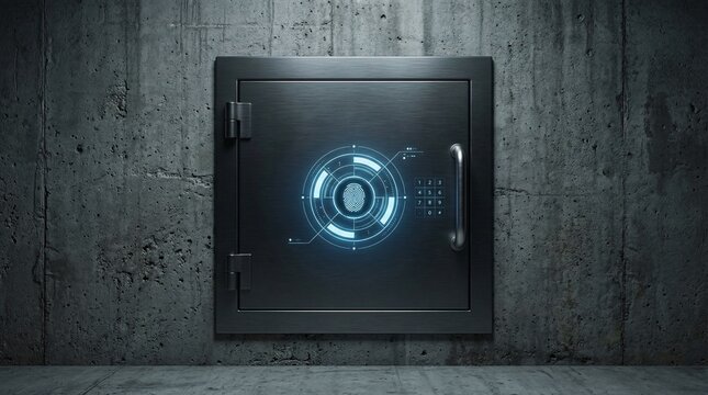 Sleek and modern financial safe constructed of brushed dark gunmetal with a subtle glowing biometric blue dial interface on a concrete wall.