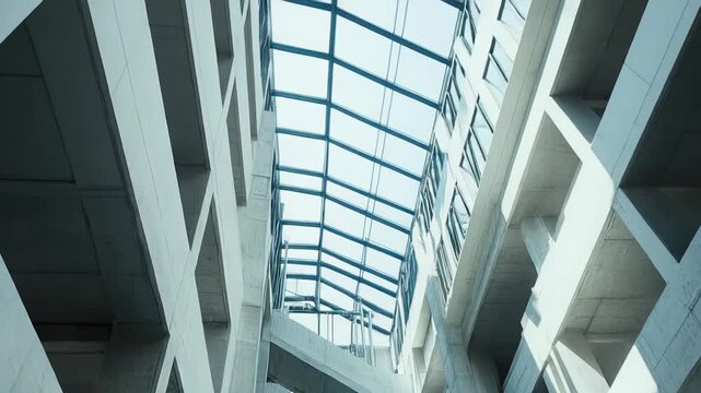 Modern architecture featuring a geometric concrete structure, creating intricate patterns and shadows, with natural light streaming through a glass atrium skylight