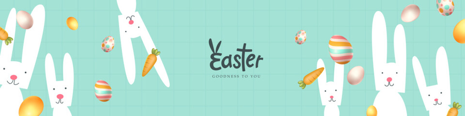 Happy easter banner background with typography Cute hand drawn easter eggs bunny, fun easter decoration. Horizontal poster, greeting card, header for website. © bokmok