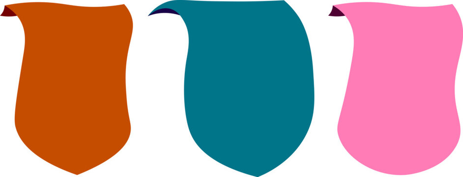 Colorful paper scroll banners with curved top edge, creative shield shape talk bubbles