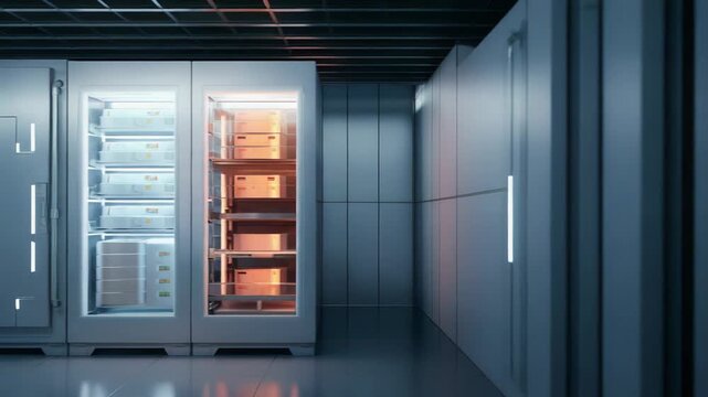 Modern data center server racks with glowing blue and orange lights, showcasing cloud computing infrastructure, secure storage, networking and high performance digital processing systems