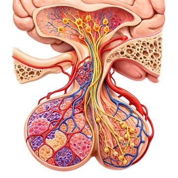 Human Pituitary Gland and Hypothalamus Anatomy Illustration with Blood Vessels and Nerve Fibers in Brain