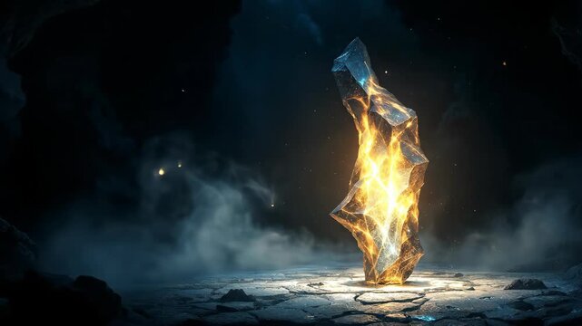 A glowing crystal emerges from a rocky cave, creating a mystical atmosphere.