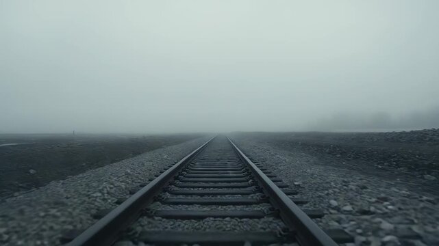 Railway tracks extending into the distance, vanishing into thick, atmospheric fog, conveying a sense of journey, mystery, and an unknown path forward in a minimalist landscape