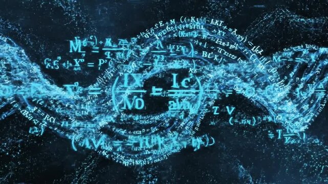 Hyper-realistic 4K animation of mathematical equations forming an energy field, formulas glowing and pulsing like waves, dynamic particle bursts reacting to equation movement