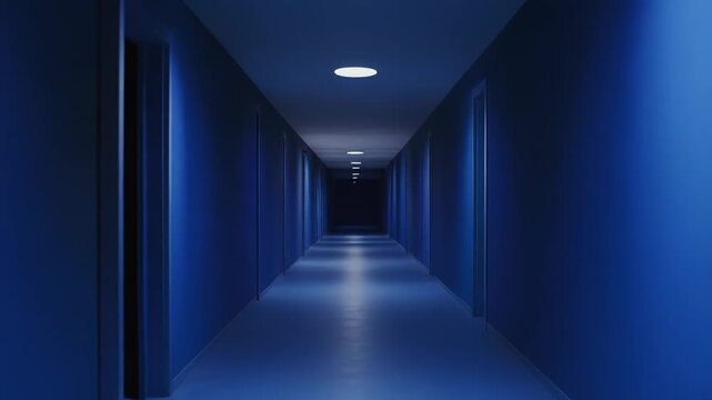 Long, blue lit hallway extending into darkness with multiple closed doors and glowing overhead lights, creating a mysterious and introspective atmosphere