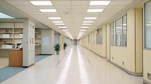 Long, clean, and well lit hospital corridor creating a sense of isolation and modern healthcare environment with a polished floor and bright ceiling lights