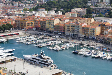 Top view of the white yachts in the seaport and city on a summer day. Nice. France. © Liudmyla