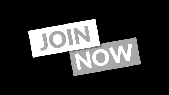 Seamless join now text animation on pulsing white and gray slanted rectangles. Minimalist motion graphic with alpha channel, perfect for modern web and video call-to-action overlays