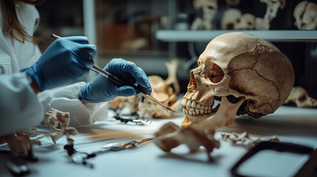 A forensic anthropologist analyzing skeletal remains in a forensic anthropology laboratory, with human skull, remains and forensic investigation tools visible