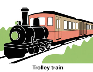 A vintage steam locomotive engine pulling a passenger train car through a stylized green landscape Vector © ANOWARUL