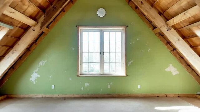 Empty attic space with wooden beams and a green wall, inviting light.