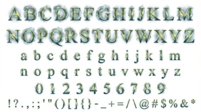 font alphabet in foggy leaf storm magic decorative style from a to z numbers punctuation isolated on white background