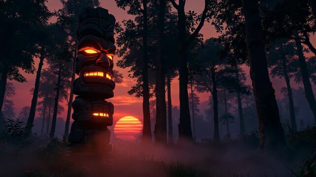 A mystical totem stands in a forest during a vibrant sunset.