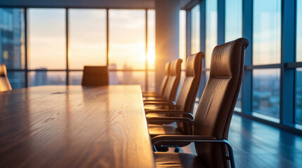 Naklejka na ściany i meble Modern office conference room with a long wooden table and chairs, illuminated by warm light and city view.