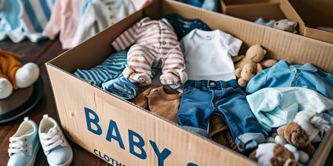 Cardboard box filled with baby clothes, shoes, and soft toys in a home setting. Donation, secondhand resale, decluttering, and sustainable parenting concept with children’s items.