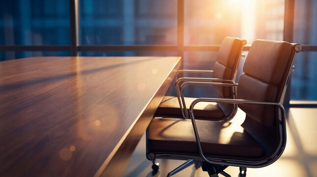 Empty modern corporate meeting room or executive office interior with wooden table and leather chairs.