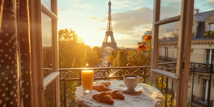 Breakfast with fresh croissants, coffee, and orange juice served on a balcony with a view of the Eiffel Tower in Paris at sunrise.