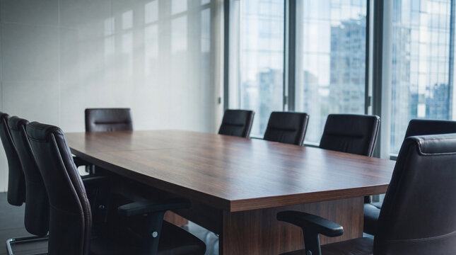 Modern empty conference room with large wooden table and chairs, featuring a sleek cityscape view from windows.