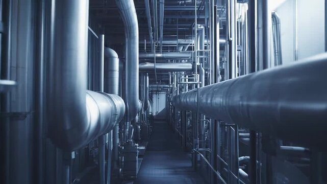 Industrial pipes, valves, and conduits creating a complex network within a modern factory environment, highlighting infrastructure, engineering, and manufacturing processes