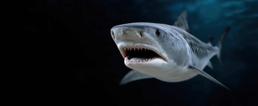 Majestic solitary tiger shark glides underwater with fierce jaws open showcasing sharp teeth.