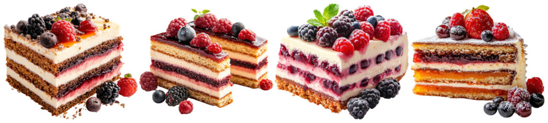 A delectable photograph of raspberry chocolate cakes and slices, adorned with fresh berries.