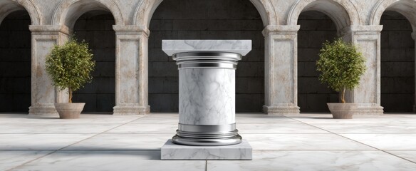 Naklejka premium This white granite column pedestal adorned with a silver band stands like a regal sentinel.