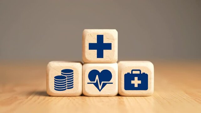 Wooden cubes display icons representing finance, health, and medical care, symbolizing insurance and financial planning for wellbeing. A hand is visible adding to the stack.