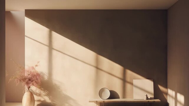 Minimalist interior room displaying a vase of pampas grass and a bench with decorative objects, bathed in sunlight and soft shadows, creating a tranquil and modern aesthetic