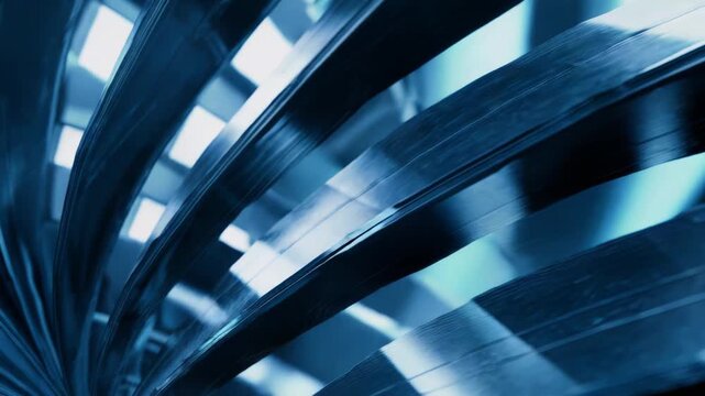 Blue metallic ribbons with a reflective surface creating a dynamic abstract pattern of curved lines and subtle light reflections, conveying concepts of technology, data, and motion